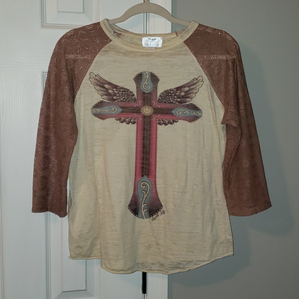 L&B cross & angel wings lace long sleeve raglan S